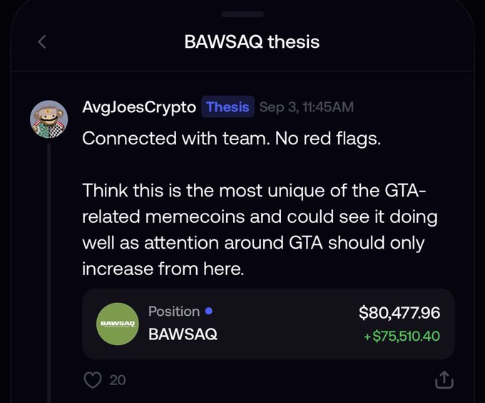 A screenshot of a Discord post by "AvgJoesCrypto" titled "BAWSAQ thesis" claims the GTA-related memecoin is unique and poised to do well, showing a position of $80,477.96 (+$75,510.40), while the accompanying post accuses him of scamming followers since the coin reportedly had only eleven holders before his endorsement.