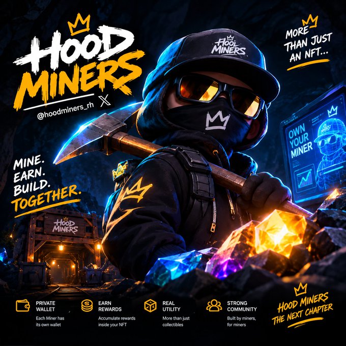 A promotional graphic for 'HOOD MINERS' (@hoodminers_rh) featuring a masked miner character with sunglasses and a pickaxe, advertising features like 'PRIVATE WALLET', 'EARN REWARDS', 'REAL UTILITY', and 'STRONG COMMUNITY'.