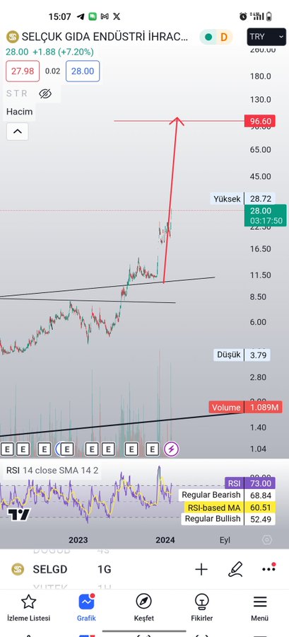 A TradingView chart of SELGD (SELÇUK GIDA ENDÜSTRİ İHRACAT) showing a dramatic vertical price spike drawn with a red arrow reaching a high of 96.60.