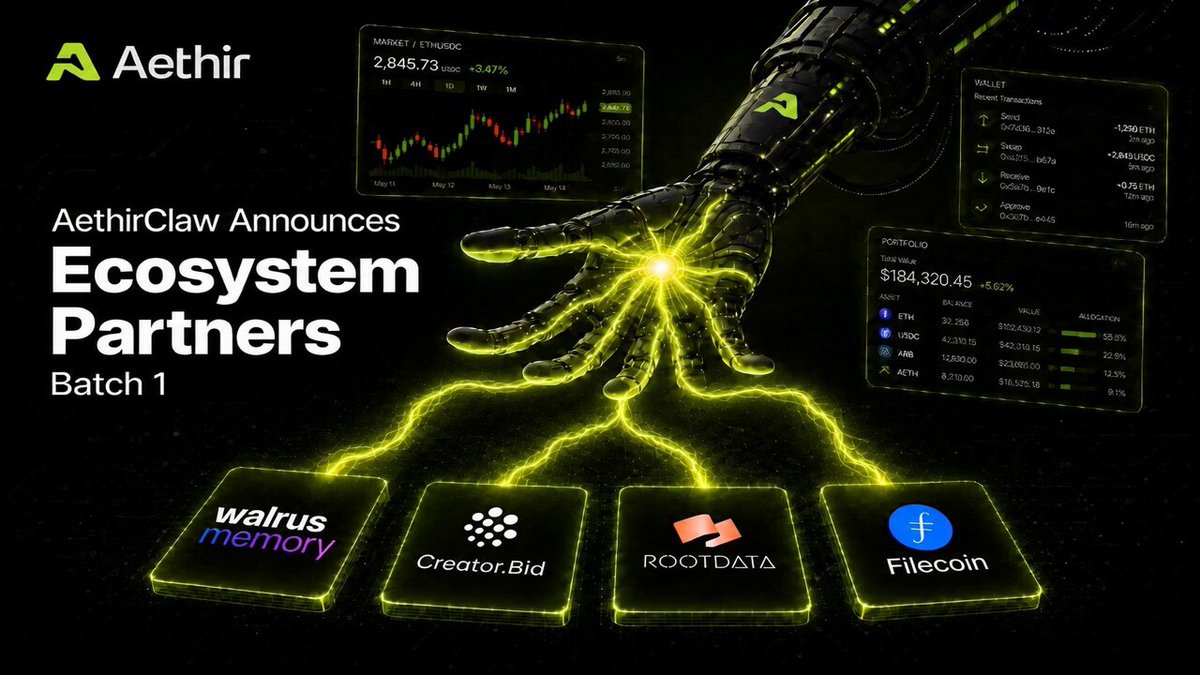 The image features a hand holding a computer mouse, with a screen displaying various icons representing different ecosystem partners. The text at the bottom of the image reads "Running a crypto AI agent still requires too much manual work. Your own data subscriptions. Context rebuilt from scratch every session. No research tools built in. No real-time news feed. AethirClaw just announced four ecosystem partners to fix that".
