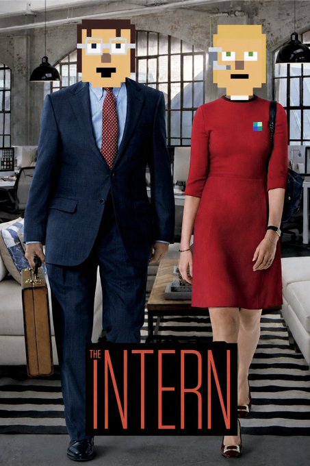 Movie poster for 'The Intern' showing a man in a suit and a woman in a red dress standing in a modern apartment, with their faces replaced by Minecraft-style pixelated avatars.