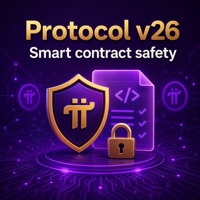 A promotional graphic titled "Protocol v26" with the subtitle "Smart contract safety," featuring a gold shield with the Pi Network symbol, a document showing code, and a padlock against a purple circuit-board background.