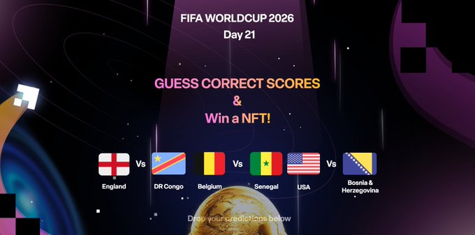 A promotional graphic for the "FIFA World Cup 2026 Day 21" prediction game, featuring the text "GUESS CORRECT SCORES & Win a NFT!" above the three matchups displayed with national flags: England vs DR Congo, Belgium vs Senegal, and USA vs Bosnia & Herzegovina. The design uses a dark purple background with glowing accents, inviting users to drop their predictions in the comments for a chance to win an NFT, matching the accompanying post's call to action.