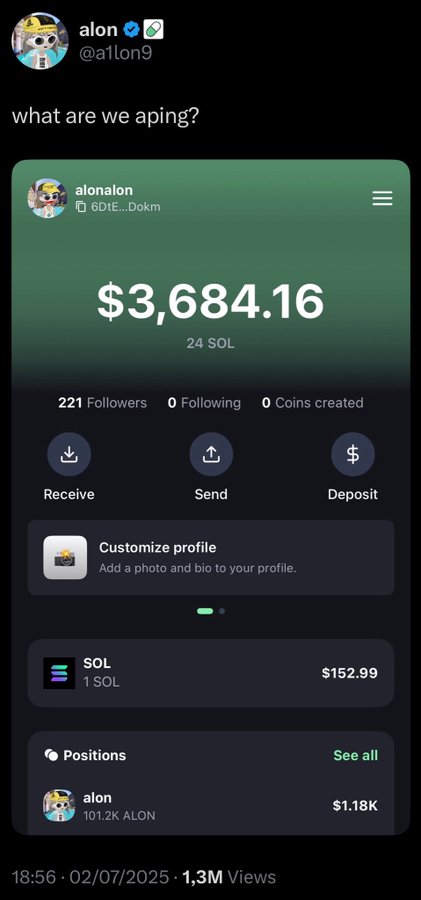 A screenshot of a tweet from @a1on9 asking 'what are we aping?' alongside an image showing a wallet/portfolio with $3,684.16 (24 SOL) and a position in ALON worth $1.18K.