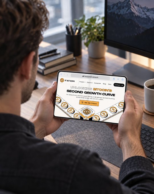 A man sits at a desk holding a tablet displaying a cryptocurrency network page with the text "Unlocking Second Growth Curve" and a "See the Future" button, complementing the post's message of analyzing market trends with a broadened perspective.