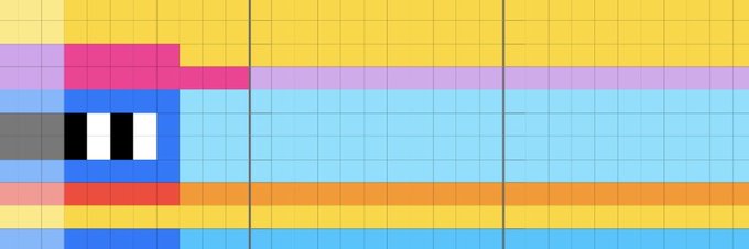 A long rectangular graphic composed of a colorful grid pattern featuring horizontal stripes in yellow, pink, blue, red, orange, and gray, with a small black-and-white striped detail on the left side, illustrating a "Full Rectangle" design concept.