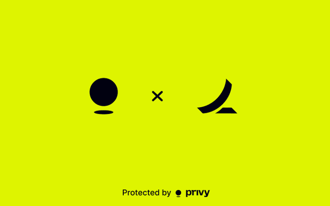 A bright yellow graphic featuring two black minimalist icons separated by an "x" symbol—appearing to represent a partnership—with "Protected by privy" text displayed at the bottom alongside the Privy logo. The image visually represents the collaboration between Ramp and Privy for the launch of Stablecoin Accounts, with the "x" symbolizing the integration of Privy's enterprise wallet infrastructure into Ramp's platform.