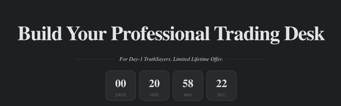 The image shows a promotional banner with the text "Build Your Professional Trading Desk" and a tagline "For Day-1 TruthSayers. Limited Lifetime Offer," accompanied by a countdown timer displaying 00 days, 20 hours, 58 minutes, and 22 seconds. This appears to be marketing material for TrueNorth's Pro subscription, aligning with the post's mention of the user recently upgrading to Pro and discovering the platform's full scale.