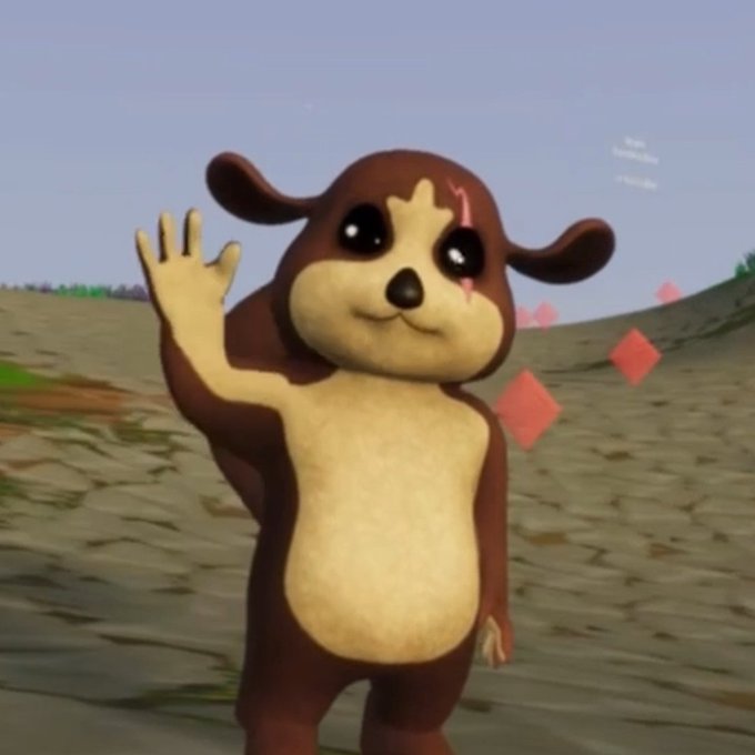 A 3D rendered cartoon dog character with a scar over one eye waves at the viewer in a barren landscape with floating red diamond shapes.