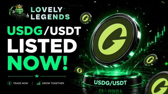 A promotional graphic for Lovely Legends announces the new listing of the USDG/USDT trading pair, featuring a green "G" token emerging from a glowing pedestal alongside the brand's crowned mascot logo and "Trade Now / Grow Together" call-to-action. The image aligns with the announcement of Robin Hood Chain's first token going live with USDG/USDT trading and $ETH support.