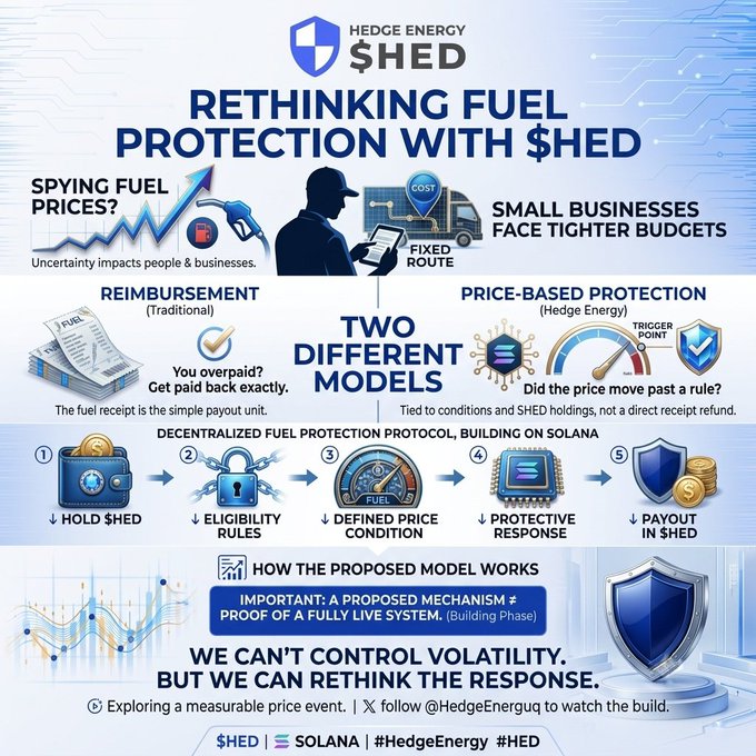 An infographic titled 'RETHINKING FUEL PROTECTION WITH $HED' by Hedge Energy, explaining a decentralized fuel protection protocol on Solana and contrasting traditional reimbursement with price-based protection.