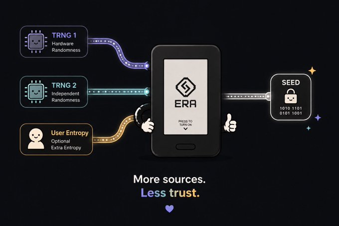 A technical diagram showing an 'ERA' device combining 'TRNG 1 Hardware Randomness', 'TRNG 2 Independent Randomness', and 'User Entropy Optional Extra Entropy' to generate a 'SEED' with the text 'More sources. Less trust.'