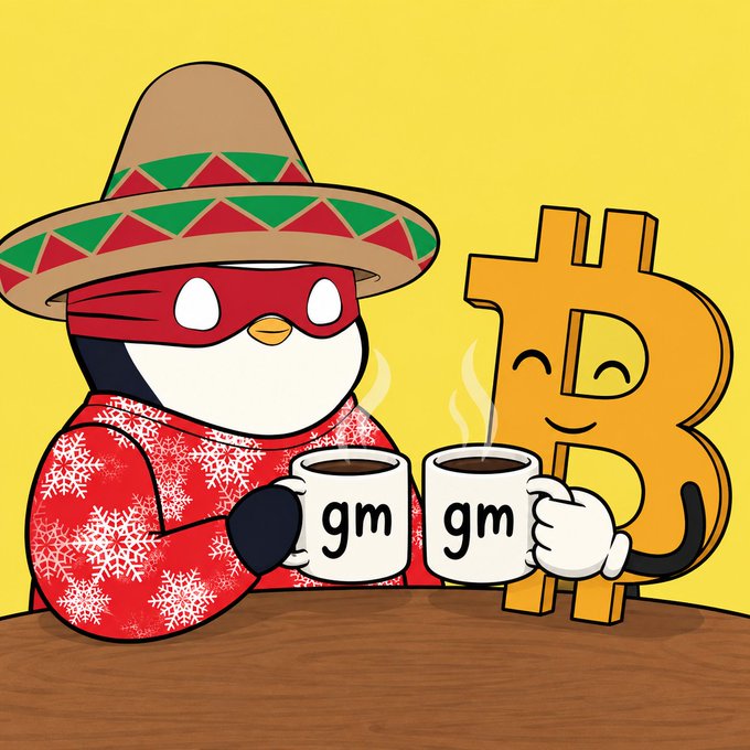 A penguin wearing a sombrero and a festive snowflake sweater clinks coffee mugs labeled "gm" with a smiling Bitcoin character against a yellow background. The image playfully illustrates the "$80,000 BTC gm chat" post by celebrating Bitcoin reaching the $80K milestone with a cheerful morning greeting.