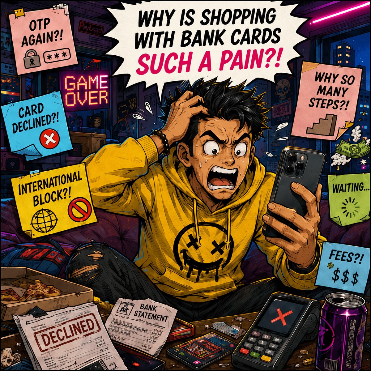 The image features a cartoon man sitting at a table surrounded by various items such as a cell phone, wallet, and credit cards. The man appears to be stressed or overwhelmed while looking at his phone. There are also several other objects on the table, including a book, a cup, and some papers. The post suggests that shopping should not feel like a boss battle, with a focus on exploring real products and using digital assets for payment instead of relying solely on credit cards.