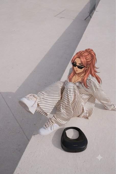 An anime-style illustration of a red-haired woman wearing sunglasses and striped clothing, sitting on the ground next to a black object in bright sunlight.