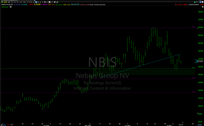A candlestick stock chart for NBIS (Nebius Group NV) in the Technology Sector, Internet Content & Information, showing price action ranging roughly from $80 to $260, with a current price of $213.97, displaying a 1.00% change and date 9/8/2025.
