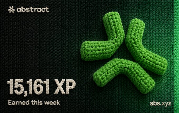 The image features a green crocheted item with a unique design of four curved lines that resemble a cactus or a plant. The background color of the image is black, which contrasts with the vibrant green of the crocheted item. Below the image, there's text in white and gray font that reads "this week, I managed to hit a real ATH in XP in @AbstractChain" and "focus on what is in the image and how it relates to the post". The text also mentions a game called "Tollan Universe", which seems to be related to the crocheted item.