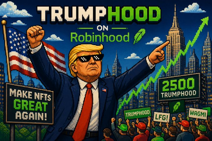 A pixel art illustration titled 'TRUMPHOOD ON Robinhood' featuring Donald Trump in sunglasses with raised fists, an American flag, and a rising stock chart, with signs reading 'MAKE NFTS GREAT AGAIN!' and '2500 TRUMPHOOD'.