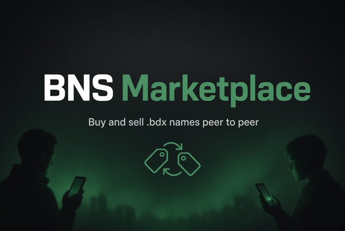 A dark promotional graphic for 'BNS Marketplace' featuring the tagline 'Buy and sell .bdx names peer to peer,' with silhouettes of two people looking at phones on either side.