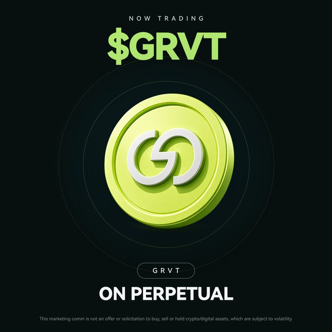 A promotional graphic featuring a large 3D green coin with a stylized "G" logo, announcing "$GRVT NOW TRADING" and "ON PERPETUAL," with a disclaimer at the bottom noting that the marketing communication is not an offer to buy, sell, or hold crypto/digital assets. The image aligns with the post celebrating the launch of $GRVT perpetuals on the Grvt Platform.