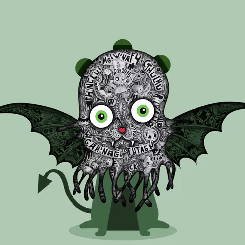 An illustration of a green, bat-winged, tentacled creature with large green eyes and a body covered in intricate doodles, graffiti, and words like "JUDAH" and "TITAN".