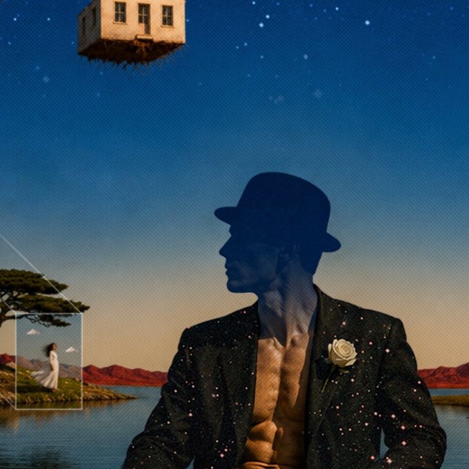 A silhouetted figure in a bowler hat and sparkly blazer with a white rose stands against a twilight sky, while a floating house drifts above and a small framed scene of a woman on a cliff appears to the left—evoking a surreal, dreamlike atmosphere that pairs with the simple farewell "GN!" (good night).