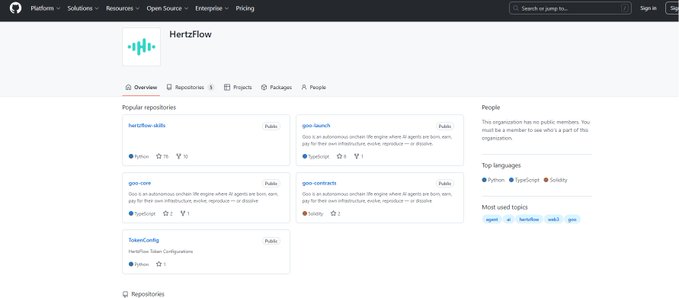 A screenshot of the HertzFlow GitHub organization page showing repositories including 'hertzflow-skills', 'geo-search', 'geo-core', 'geo-contracts', and 'TokenConfig'.