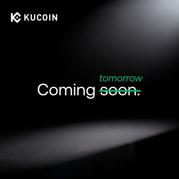The image features a "KuCoin" logo in the upper left corner with the text "Coming soon." prominently displayed, where "soon" is crossed out and replaced with "tomorrow" in green text, set against a dark background with dramatic lighting. This visual reinforces the accompanying post's message about the final day of the KuCoin upgrade countdown, teasing the upcoming reveal of their new platform.