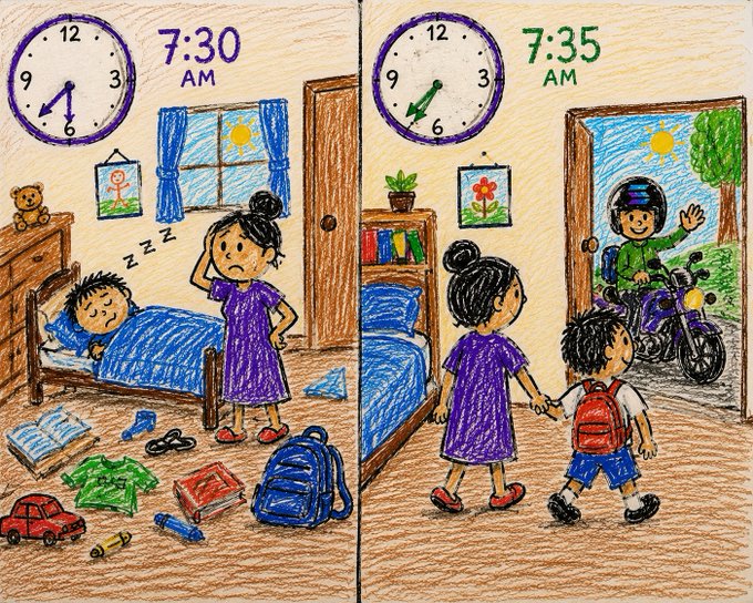 The image is a two-panel illustration showing a morning scene: at 7:30 AM, a mother stands with her hand on her head looking exasperated at a child still asleep in bed, while at 7:35 AM, the child is leaving on a motorcycle with a helmet, waving goodbye. There is no visible connection between the image and the accompanying text about Solana, as the illustration depicts a relatable morning routine and contains no references to cryptocurrency, blockchain, or the Solana ticker.