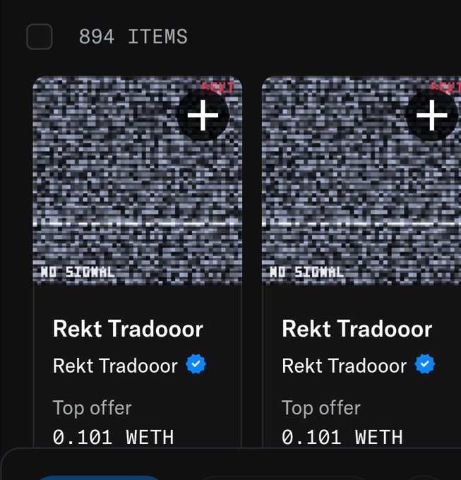 Screenshot of a digital marketplace showing 894 items, with two 'Rekt Tradooor' NFT listings featuring 'NO SIGNAL' static images as thumbnails, both marked as verified with top offers of 0.101 WETH.