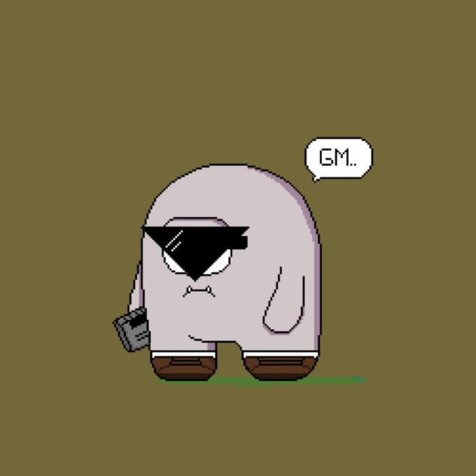 Pixel art of a grumpy pink character with a triangular eyepatch holding a clipboard, with a speech bubble saying 'GM.'