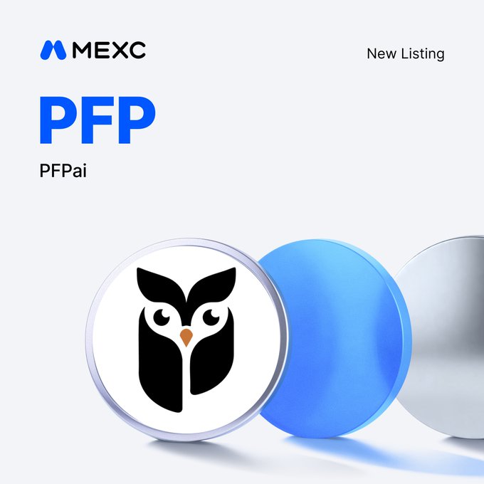 MEXC promotional graphic announcing the new listing of $PFP (PFPai), featuring the project's black owl logo on a white circular emblem alongside blue and silver spheres, with "New Listing" and "MEXC" branding displayed at the top.