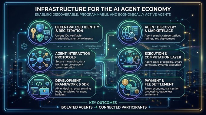 A technical infographic titled 'INFRASTRUCTURE FOR THE AI AGENT ECONOMY' details six components including Decentralized Identity, Agent Discovery, Interaction Protocol, Execution Layer, Development Framework, and Payment & Fee Settlement.