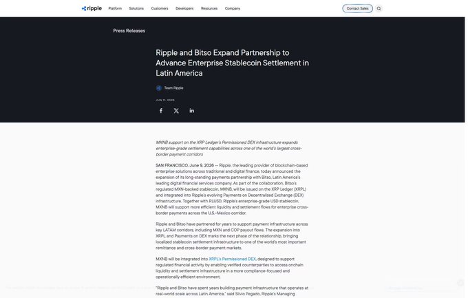 A Ripple press release from June 9, 2026, announces Ripple and Bitso expanding their partnership to advance enterprise stablecoin settlement in Latin America, featuring the XRP Ledger (XRPL).