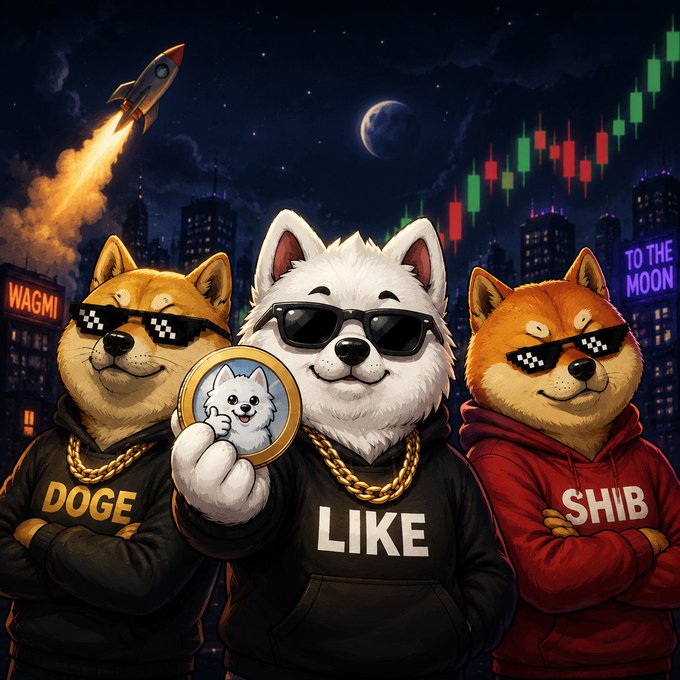 Cartoon-style image of three anthropomorphic Shiba Inu dogs wearing sunglasses and gold chains, labeled 'DOGE', 'LIKE', and 'SHIB', with a 'TO THE MOON' sign and a rocket launching in the background.