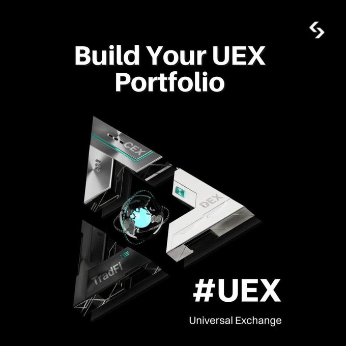 The image features a sleek black promotional graphic with the headline "Build Your UEX Portfolio," showcasing 3D-rendered tiles labeled "CEX," "DEX," and "TradFi" arranged around a central glowing blue globe, with the "#UEX Universal Exchange" branding in the bottom right corner. The visual directly supports the post's call to action, inviting users to construct a diversified portfolio using Bitget's Universal Exchange (UEX) assets across centralized, decentralized, and traditional finance categories to compete for the 30 USDT prize pool.