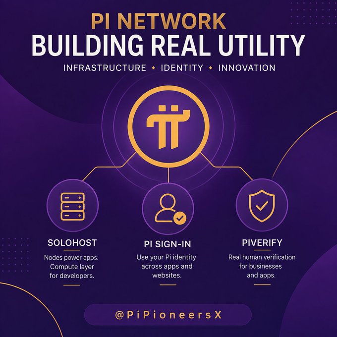 The image is a Pi Network infographic titled "BUILDING REAL UTILITY" that visually outlines the ecosystem's three pillars: SoloHost (nodes powering apps as a compute layer), Pi Sign-In (using Pi identity across apps), and PiVerify (human verification services). It supports the post's argument that Pi is building real, long-term utility through infrastructure and services rather than short-term hype, with the handle @PiPioneersX displayed at the bottom.