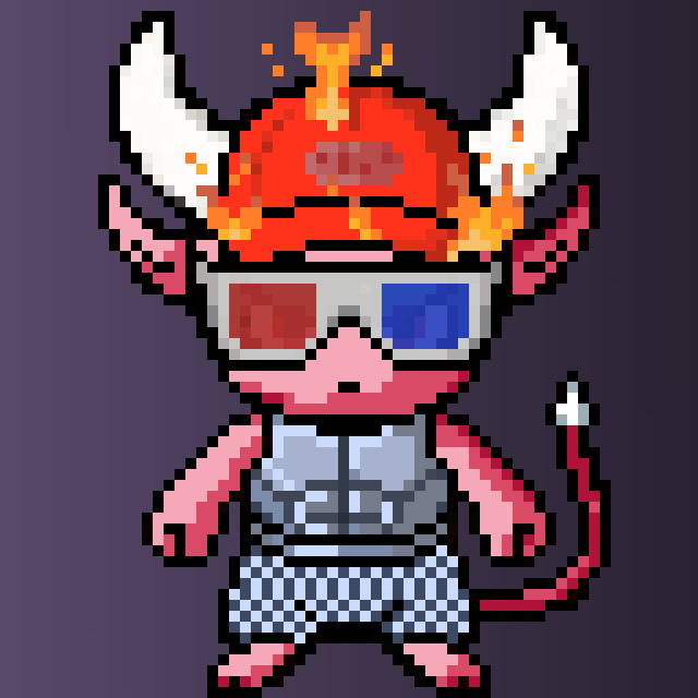 A pixel-art character depicting a small devil or demon figure with white horns, a flaming red head, 3D glasses (red and blue lenses), a tank top, checkered shorts, and a pointed red tail.