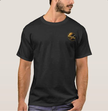 A man models a black t-shirt featuring a small gold logo on the left chest.