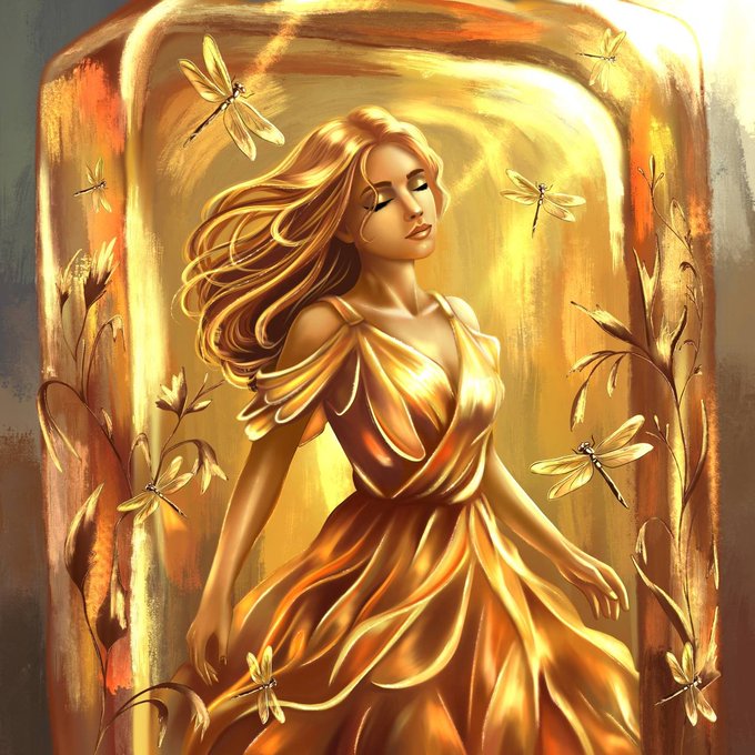 A golden-haired woman in a flowing golden dress stands with closed eyes amid swirling dragonflies and delicate foliage, evoking the title "The Song of the Dragonflies." The artwork's luminous, dreamlike palette and painterly composition reflect the limited 1/10 digital art NFT edition referenced in the post.