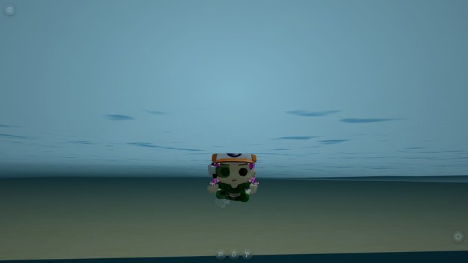 A small white toy-like character with purple accents floats above a flat, barren landscape under a pale blue sky, appearing to be from a 3D virtual world or game.