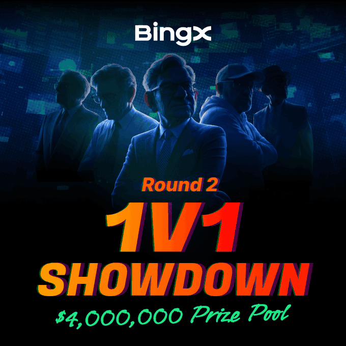 Promotional graphic for 'BingX' featuring 'Round 2 1V1 SHOWDOWN' with a '$4,000,000 Prize Pool', showing silhouetted figures of men in suits against a dark blue background.