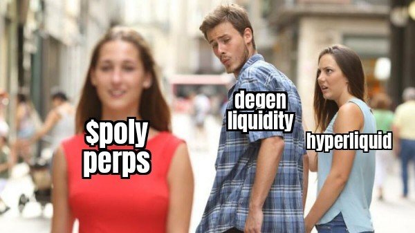 The image shows a man wearing a plaid shirt walking down a street, with two women standing behind him. One woman has her back turned towards the camera while the other woman looks at the man. The text "$poly. perps" is written on the image and it appears to be a part of a post or meme about Hyper Liquidity.