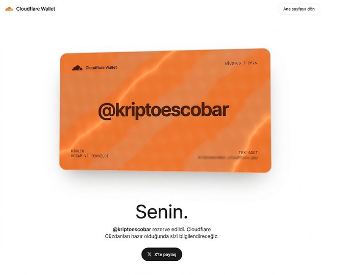 A Cloudflare Wallet reservation page displaying an orange card with the handle '@kriptoescobar' and Turkish text 'Senin' below it.