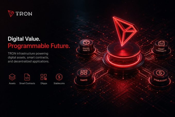 Another TRON promotional graphic featuring a glowing red TRON logo on a pedestal, with the text 'Digital Value. Programmable Future.' and icons for Assets, Smart Contracts, DApps, and Stablecoins.