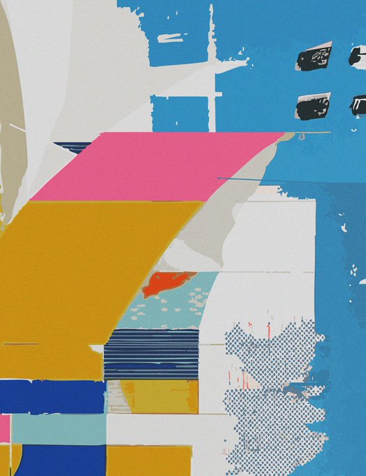A colorful abstract artwork featuring geometric shapes in blue, pink, yellow, and white with halftone dot patterns.