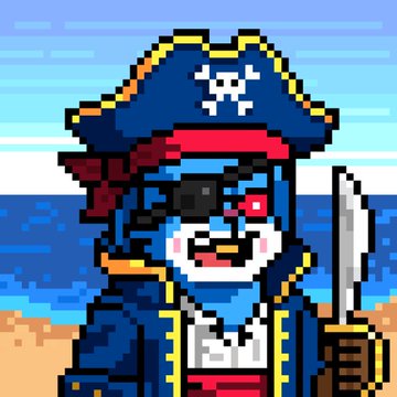 A blue-haired pirate with a red nose, wearing a blue and gold striped hat, holds a sword on the beach.