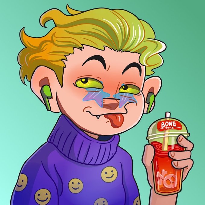 A cartoon character with spiky blonde hair, teary eyes, and a pacifier holding a red slushie drink labeled 'BONE JUICE,' wearing a purple sweater with yellow smiley faces.