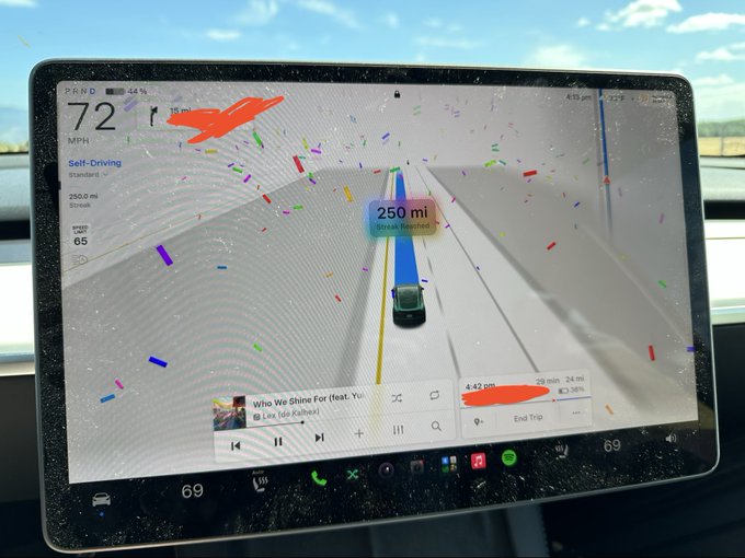 A Tesla touchscreen display showing Full Self-Driving visualization on a highway, indicating 72 MPH speed, a 250.0 mi streak, and music playing 'Who We Shine For' with 4:42 PM arrival time and 38% battery remaining.