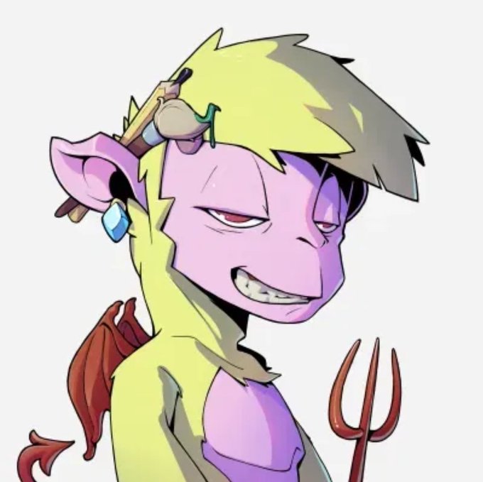 A cartoon-style illustration of a sinister-looking character with blonde hair, purple skin, a smirk, small wings, a blue gem earring, and holding a red pitchfork.